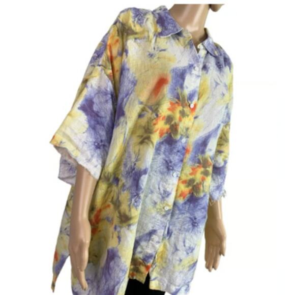 Go Silk Women 2X Beach Blouse Boho Tropical Altered Short Sleeve Linen Button Up - Picture 13 of 13